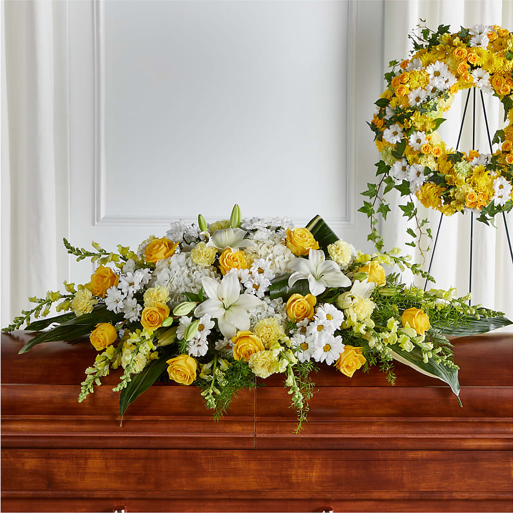 Golden Harmony Casket Spray – Dutch Floral, Edina MO