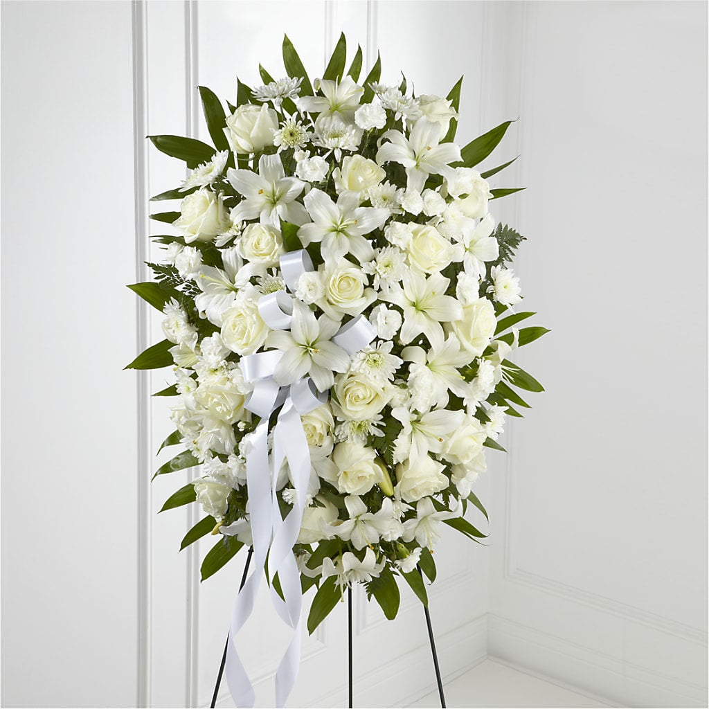 Exquisite Tribute Standing Spray-White Ribbon – Dutch Floral, Edina MO
