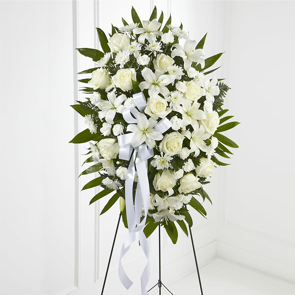 Exquisite Tribute Standing Spray-White Ribbon – Dutch Floral, Edina MO